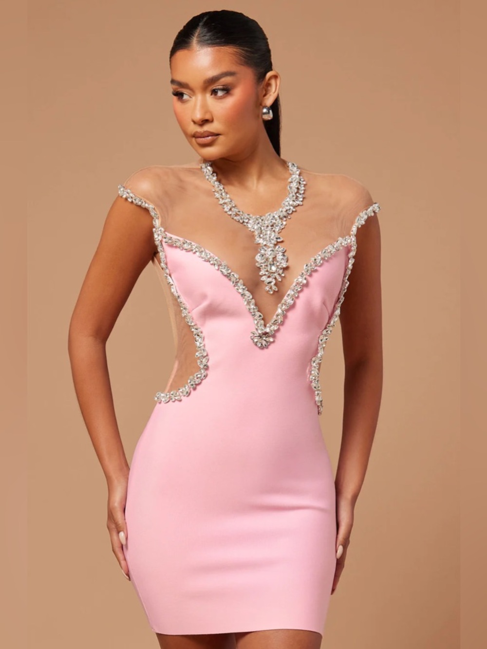 Elegant Pink Embellished Mesh-Insert Evening Dress